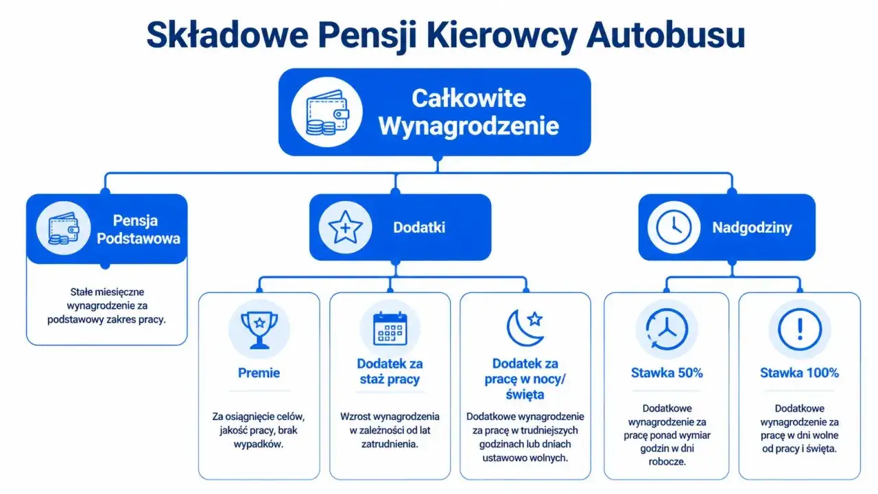 Schemat pokazuje, ile zarabia kierowca autobusu: pensja podstawowa, dodatki (premie, staż, noc/święta) i nadgodziny.
