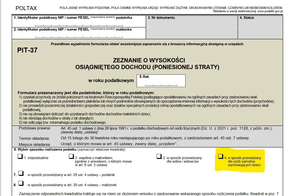 Formularz PIT-37, sekcja wyboru sposobu rozliczenia podatku. Zaznaczony kwadrat nr 4: