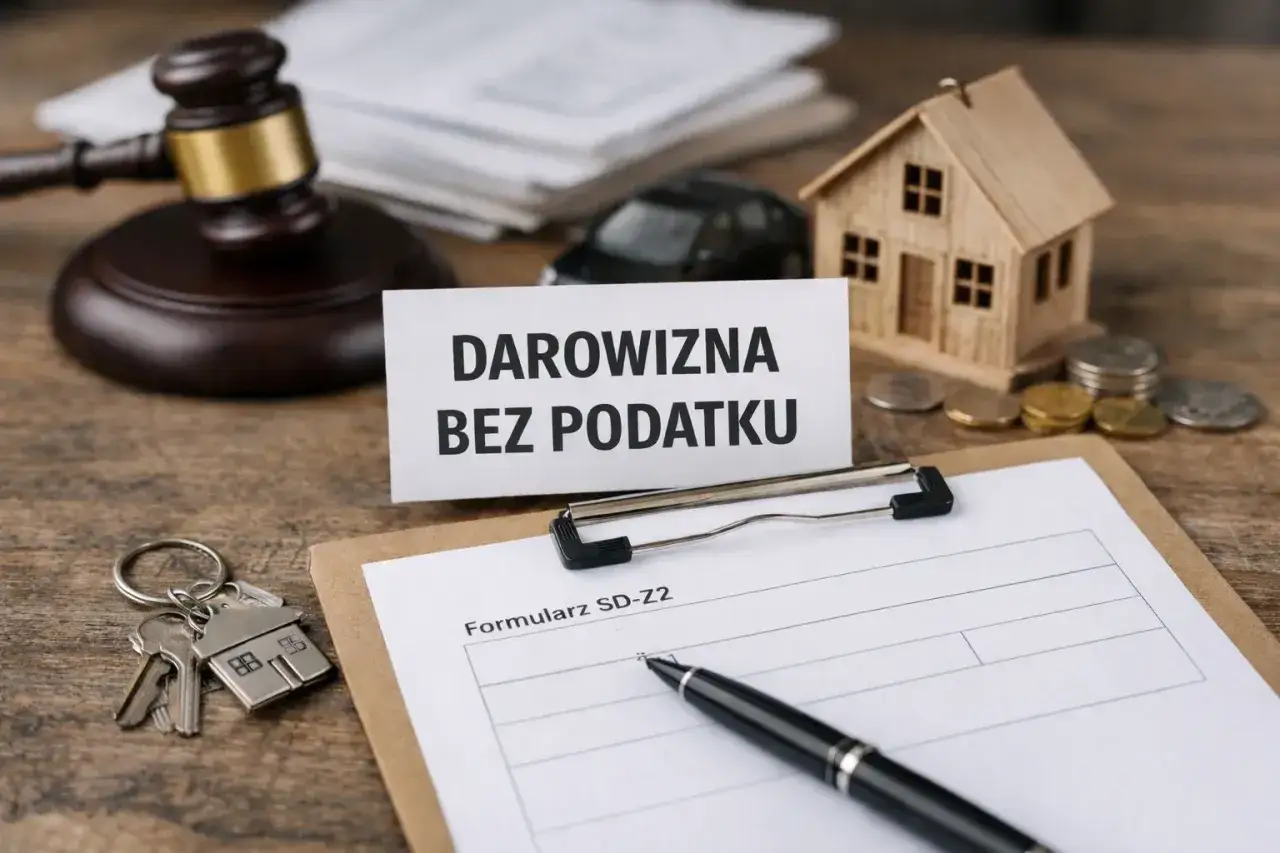 Klucze do domu, mały domek, monety i dokumenty sugerują darowiznę od rodziców. Obok młotek sędziowski i napis 