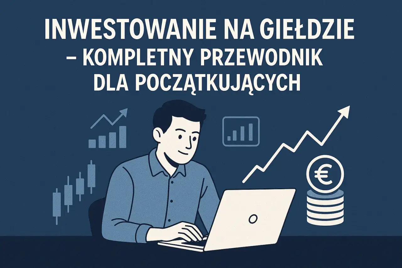 Mężczyzna pracuje przy laptopie, ucząc się o inwestycji na giełdzie. Wykresy i monety symbolizują wzrost kapitału.