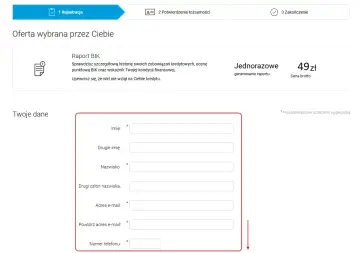 Formularz do wygenerowania raportu z biura informacji kredytowej. Wpisz swoje dane: imię, nazwisko, adres e-mail i numer telefonu.