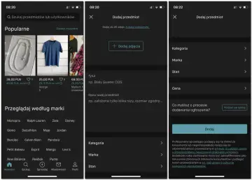 Jak sprzedawać na Vinted? Aplikacja pokazuje ekran dodawania przedmiotu, gdzie można wybrać kategorię, markę i stan.