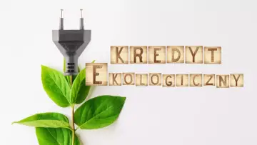 Wtyczka elektryczna wyrasta z zielonych liści, obok drewniane klocki z napisem "KREDYT EKOLOGICZNY".