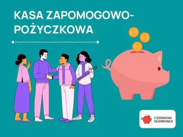 Ludzie zawierają umowę, a obok różowa świnka-skarbonka przyjmuje monety. To symbol kasy zapomogowo-pożyczkowej.