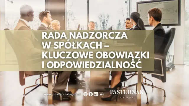 Grupa profesjonalistów podczas spotkania. Na ekranie wykres, a na pierwszym planie tekst "RADA NADZORCZA W SPÓŁKACH".