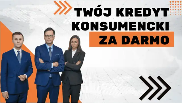 Trzech profesjonalistów w garniturach prezentuje ofertę: Twój kredyt konsumencki za darmo.