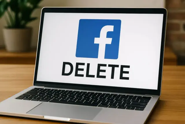 Laptop z logo Facebook i napisem DELETE. Chcesz wiedzieć, jak dezaktywować konto na FB?