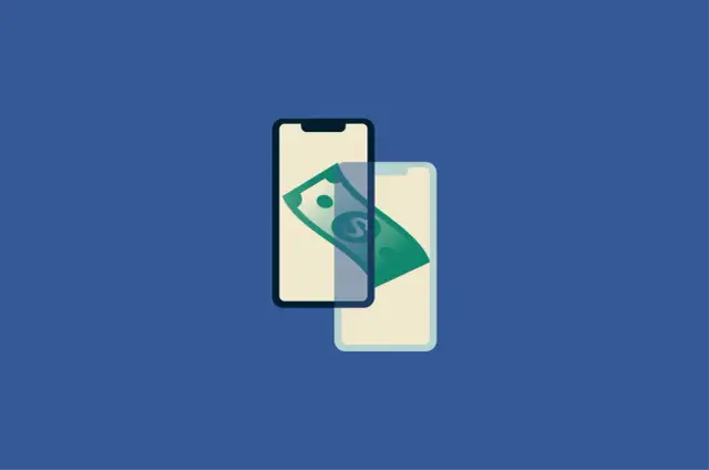 Dwa telefony z zielonym banknotem między nimi. Czy PayPal jest bezpieczny? Płatności mobilne.