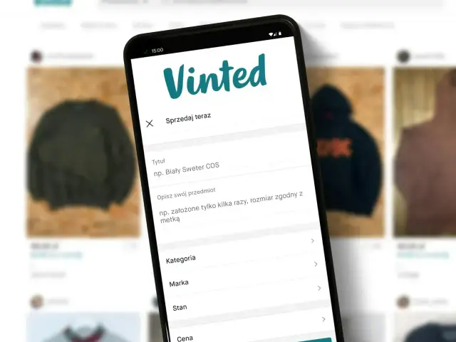 Telefon z aplikacją Vinted pro, gdzie dodajesz ubrania na sprzedaż. Widoczny formularz dodawania przedmiotu.
