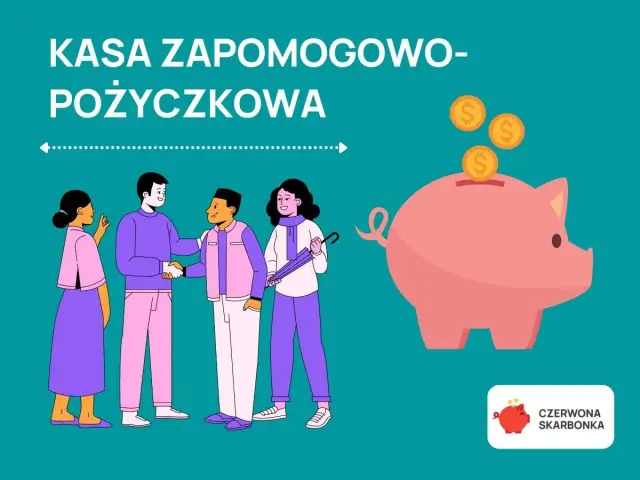 Ludzie zawierają umowę, a obok różowa świnka-skarbonka przyjmuje monety. To symbol kasy zapomogowo-pożyczkowej.